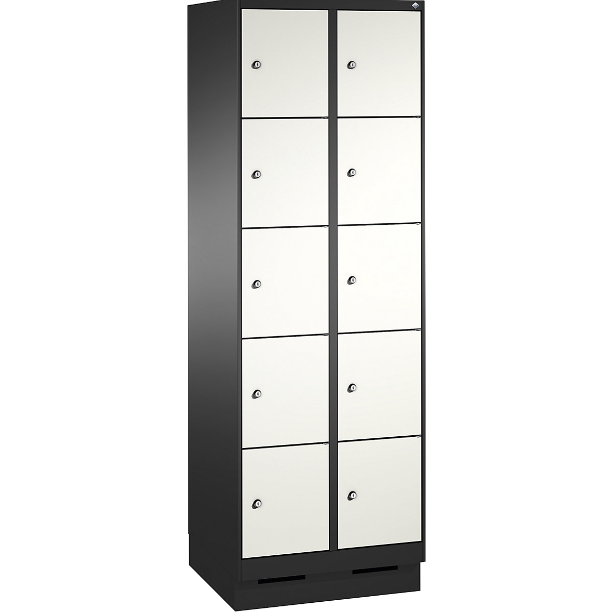 EVOLO locker unit, with plinth – C+P, 2 compartments, 5 shelf compartments each, compartment width 300 mm, black grey / traffic white-3