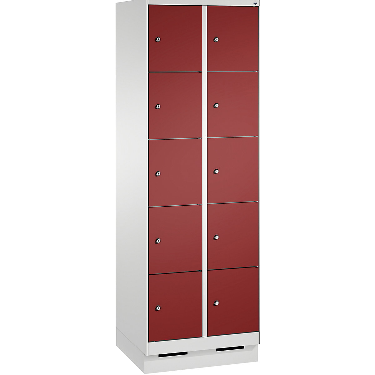 EVOLO locker unit, with plinth – C+P, 2 compartments, 5 shelf compartments each, compartment width 300 mm, light grey / ruby red-8