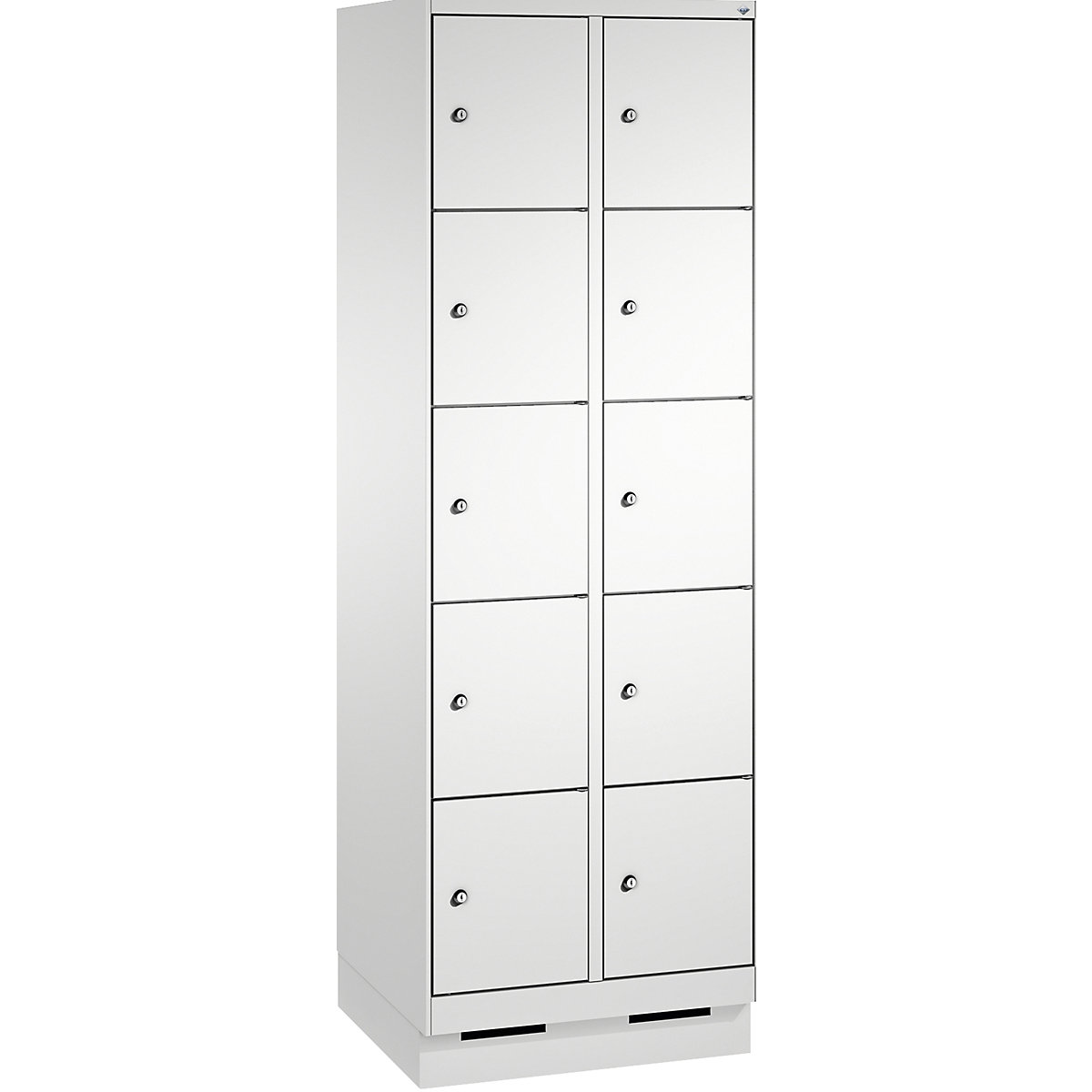 EVOLO locker unit, with plinth – C+P, 2 compartments, 5 shelf compartments each, compartment width 300 mm, light grey / light grey-13