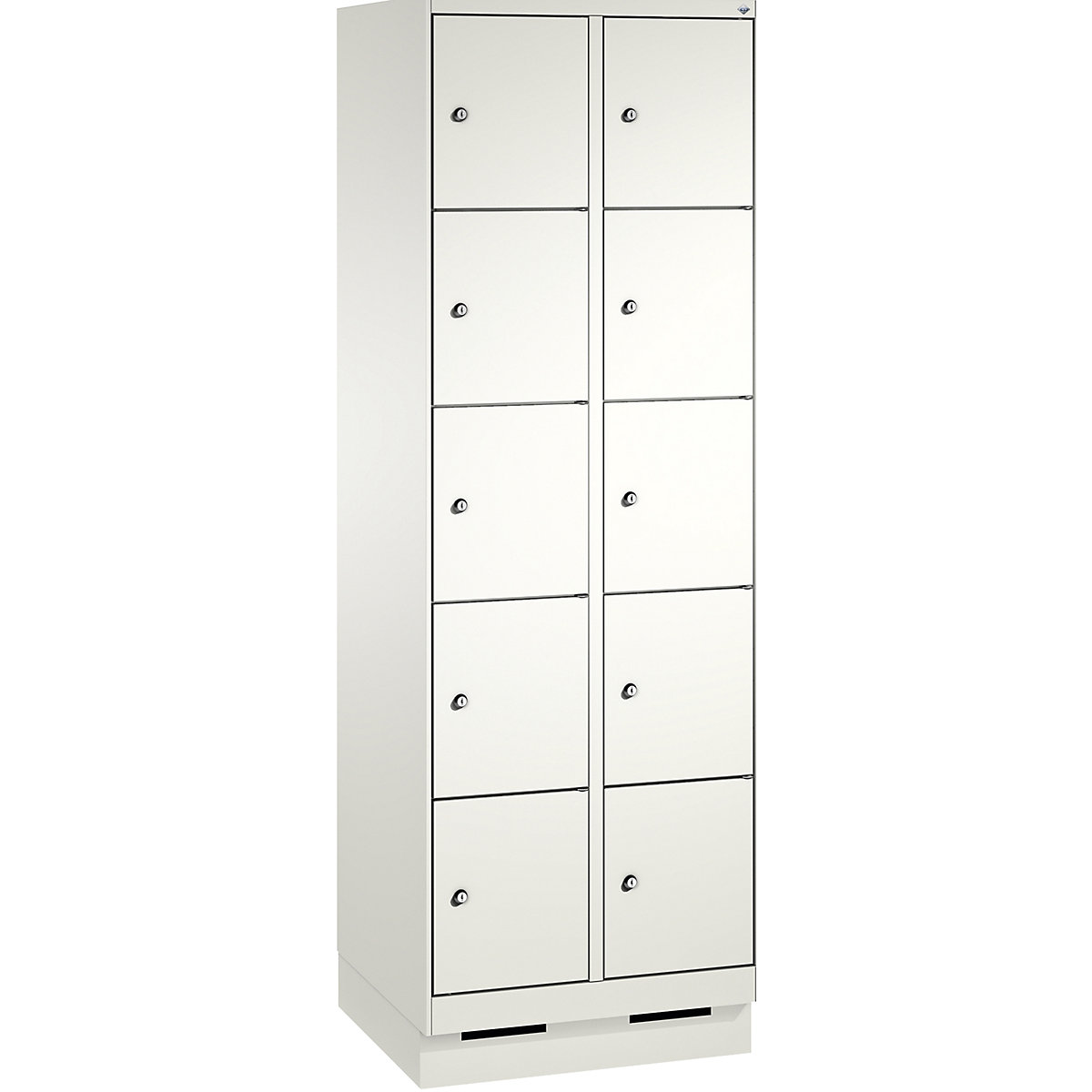 EVOLO locker unit, with plinth – C+P, 2 compartments, 5 shelf compartments each, compartment width 300 mm, traffic white / traffic white-11