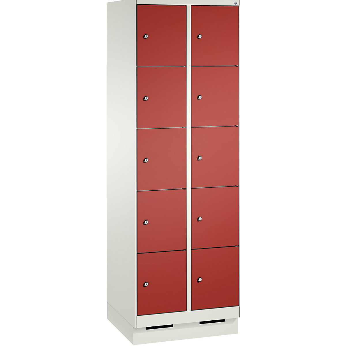 EVOLO locker unit, with plinth – C+P, 2 compartments, 5 shelf compartments each, compartment width 300 mm, traffic white / flame red-1