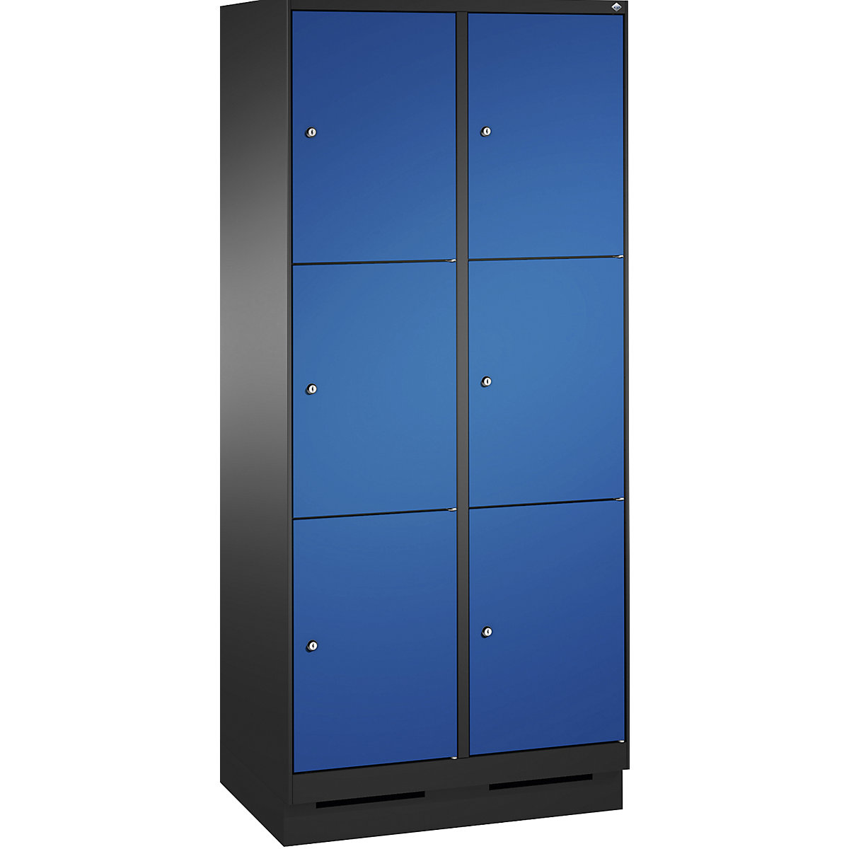 EVOLO locker unit, with plinth – C+P, 2 compartments, 3 shelf compartments each, compartment width 400 mm, black grey / gentian blue-9