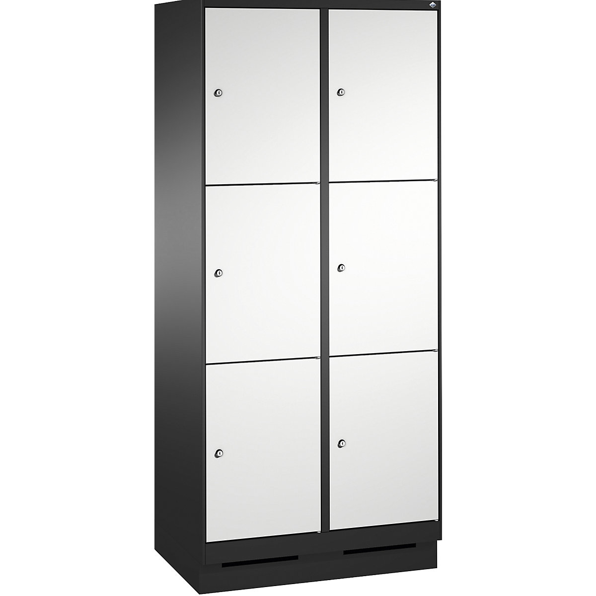 EVOLO locker unit, with plinth – C+P, 2 compartments, 3 shelf compartments each, compartment width 400 mm, black grey / light grey-14