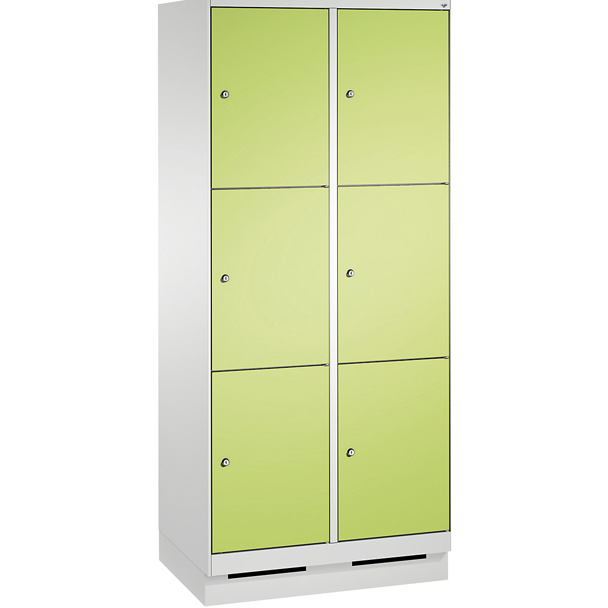 EVOLO locker unit, with plinth – C+P, 2 compartments, 3 shelf compartments each, compartment width 400 mm, light grey / viridian green-15