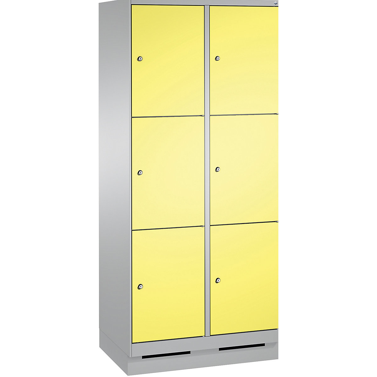 EVOLO locker unit, with plinth – C+P, 2 compartments, 3 shelf compartments each, compartment width 400 mm, white aluminium / sulphur yellow-16