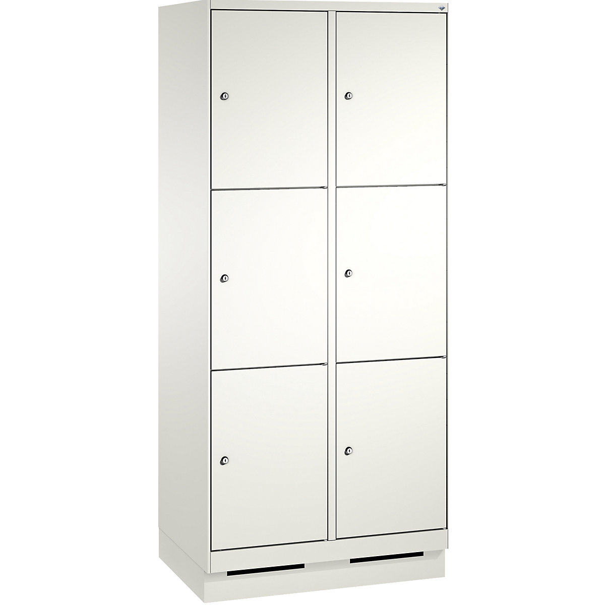 EVOLO locker unit, with plinth – C+P, 2 compartments, 3 shelf compartments each, compartment width 400 mm, traffic white / traffic white-3