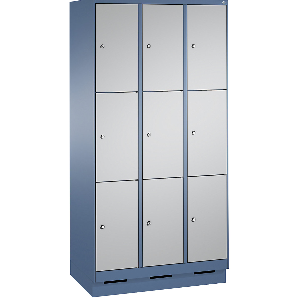 EVOLO locker unit, with plinth – C+P, 3 compartments, 3 shelf compartments each, compartment width 300 mm, distant blue / white aluminium-9