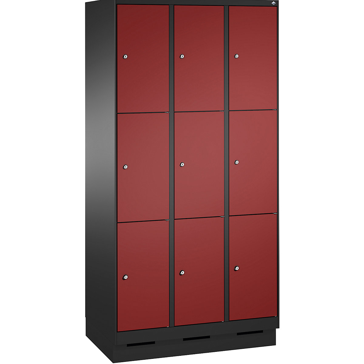 EVOLO locker unit, with plinth – C+P, 3 compartments, 3 shelf compartments each, compartment width 300 mm, black grey / ruby red-5
