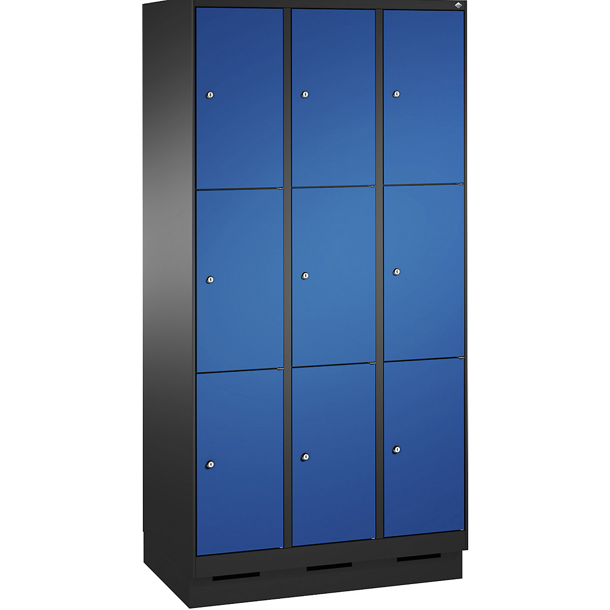 EVOLO locker unit, with plinth – C+P, 3 compartments, 3 shelf compartments each, compartment width 300 mm, black grey / gentian blue-10