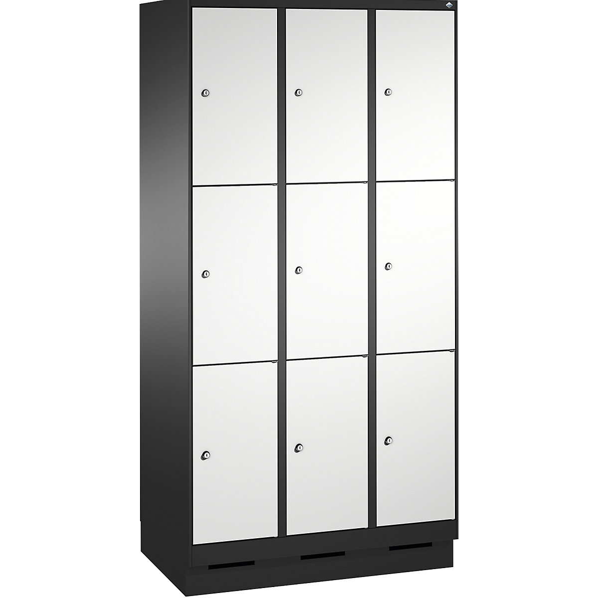 EVOLO locker unit, with plinth – C+P, 3 compartments, 3 shelf compartments each, compartment width 300 mm, black grey / light grey-2