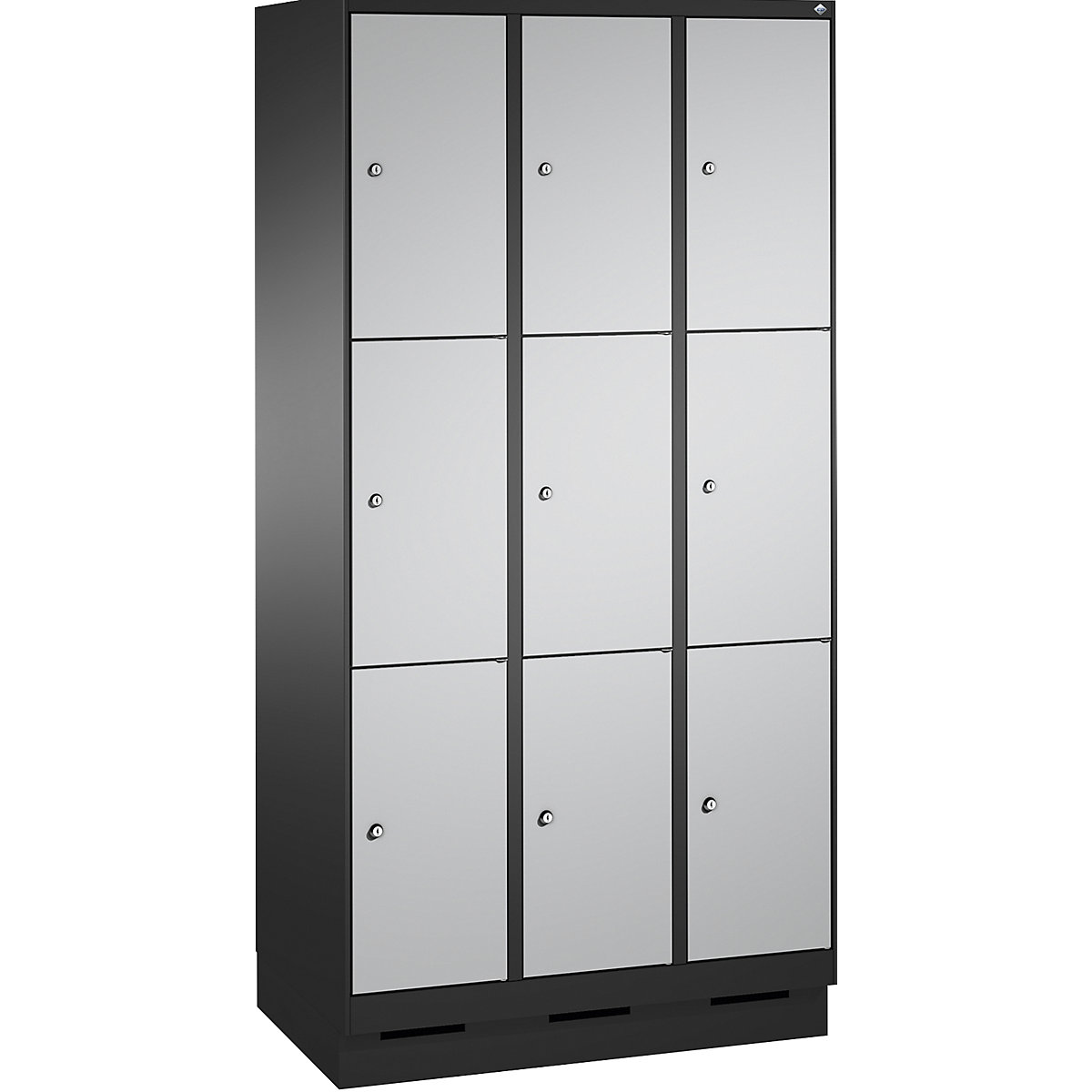 EVOLO locker unit, with plinth – C+P, 3 compartments, 3 shelf compartments each, compartment width 300 mm, black grey / white aluminium-7