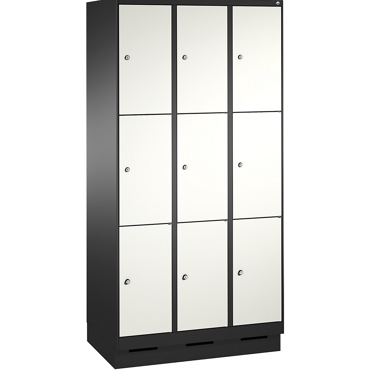 EVOLO locker unit, with plinth – C+P, 3 compartments, 3 shelf compartments each, compartment width 300 mm, black grey / traffic white-12
