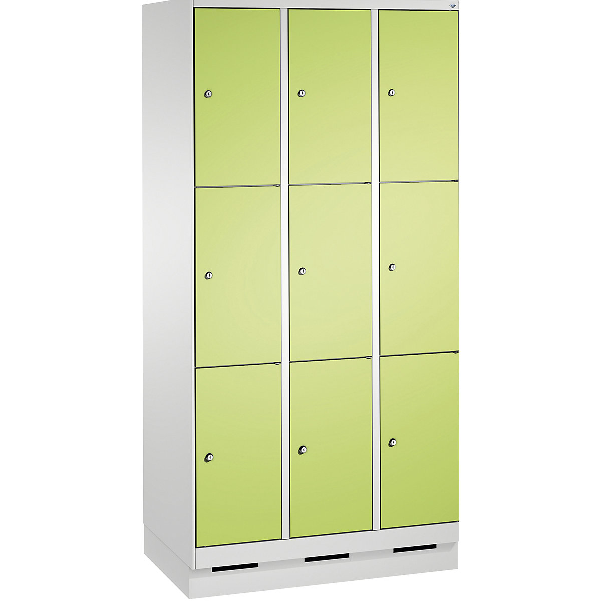 EVOLO locker unit, with plinth – C+P, 3 compartments, 3 shelf compartments each, compartment width 300 mm, light grey / viridian green-13