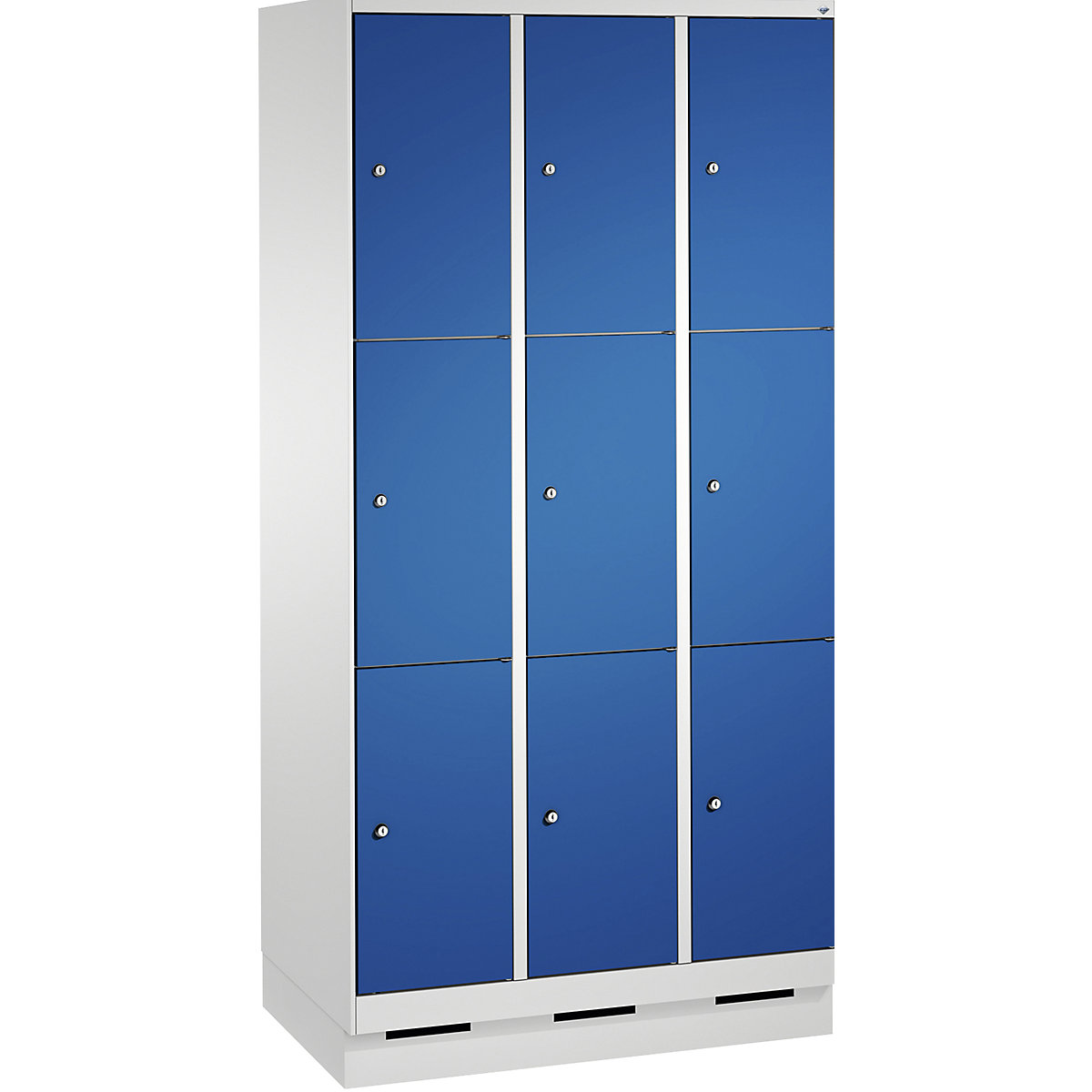 EVOLO locker unit, with plinth – C+P, 3 compartments, 3 shelf compartments each, compartment width 300 mm, light grey / gentian blue-4