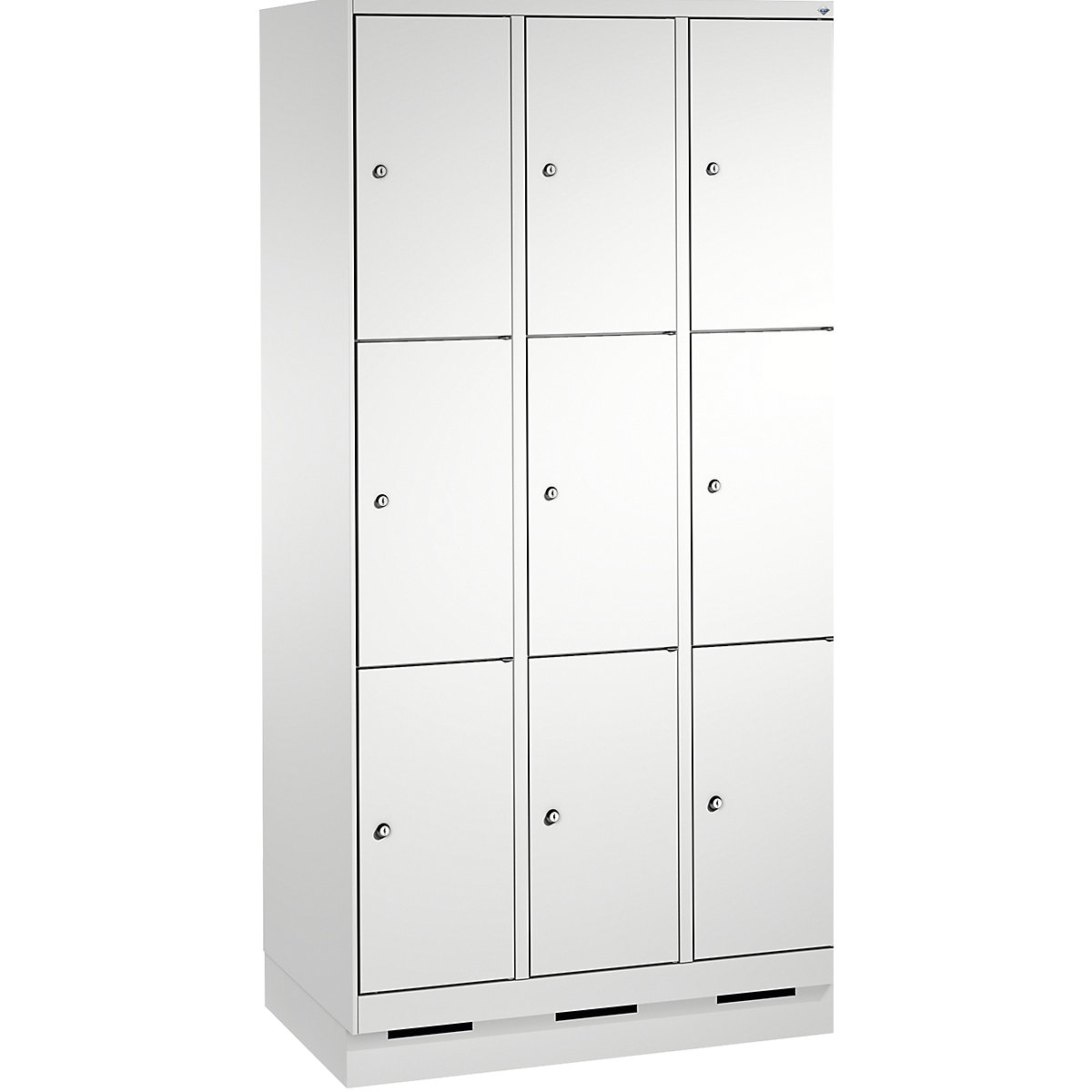 EVOLO locker unit, with plinth – C+P, 3 compartments, 3 shelf compartments each, compartment width 300 mm, light grey / light grey-14