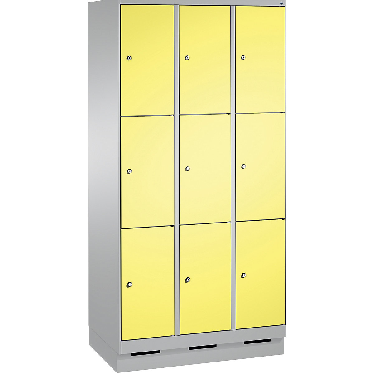 EVOLO locker unit, with plinth – C+P, 3 compartments, 3 shelf compartments each, compartment width 300 mm, white aluminium / sulphur yellow-8
