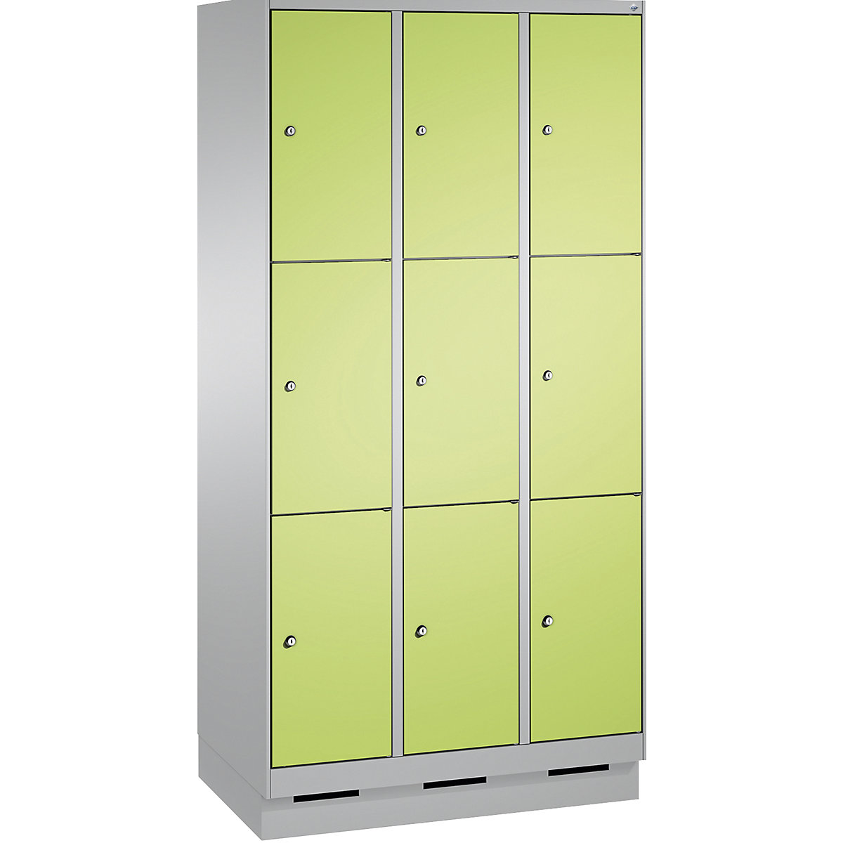 EVOLO locker unit, with plinth – C+P, 3 compartments, 3 shelf compartments each, compartment width 300 mm, white aluminium / viridian green-11