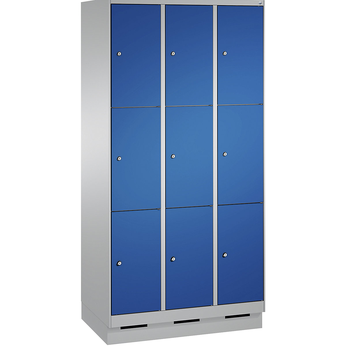 EVOLO locker unit, with plinth – C+P, 3 compartments, 3 shelf compartments each, compartment width 300 mm, white aluminium / gentian blue-16
