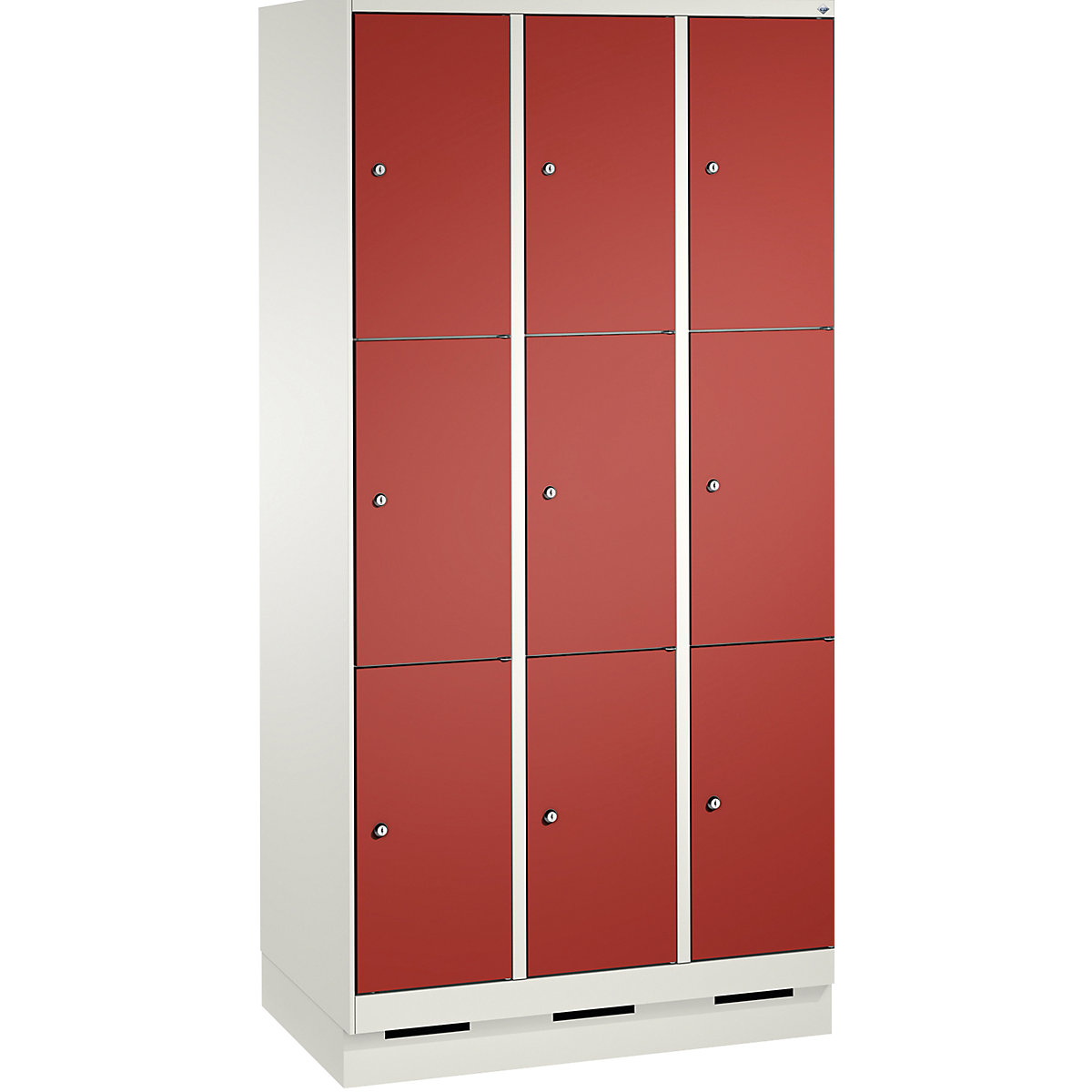 EVOLO locker unit, with plinth – C+P, 3 compartments, 3 shelf compartments each, compartment width 300 mm, traffic white / flame red-6