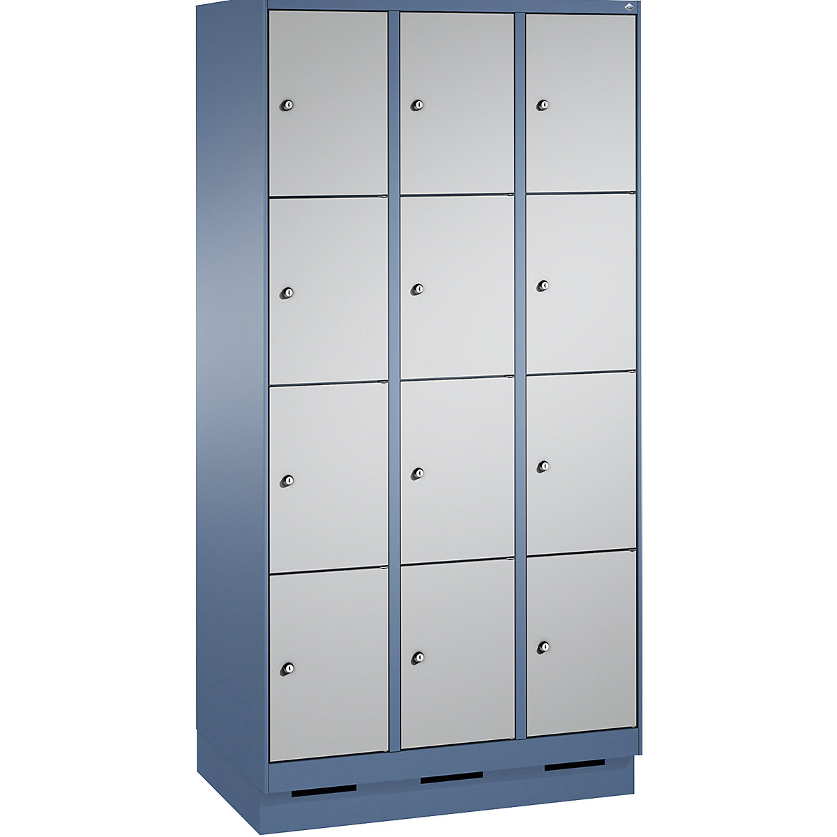 EVOLO locker unit, with plinth – C+P, 3 compartments, 4 shelf compartments each, compartment width 300 mm, distant blue / white aluminium-9