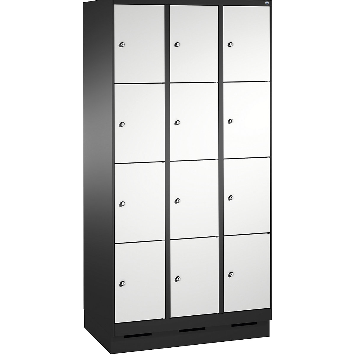EVOLO locker unit, with plinth – C+P, 3 compartments, 4 shelf compartments each, compartment width 300 mm, black grey / light grey-3