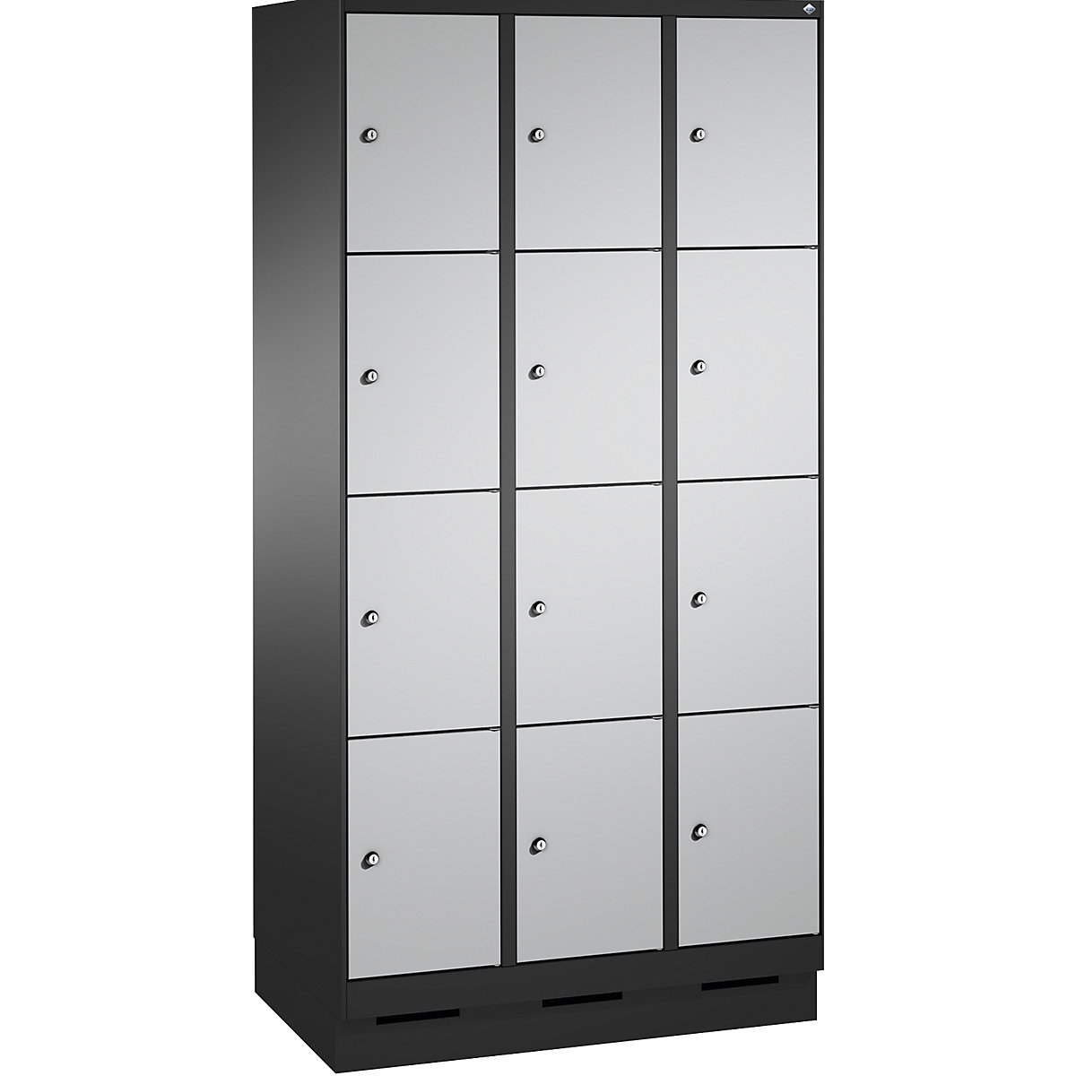 EVOLO locker unit, with plinth – C+P, 3 compartments, 4 shelf compartments each, compartment width 300 mm, black grey / white aluminium-8