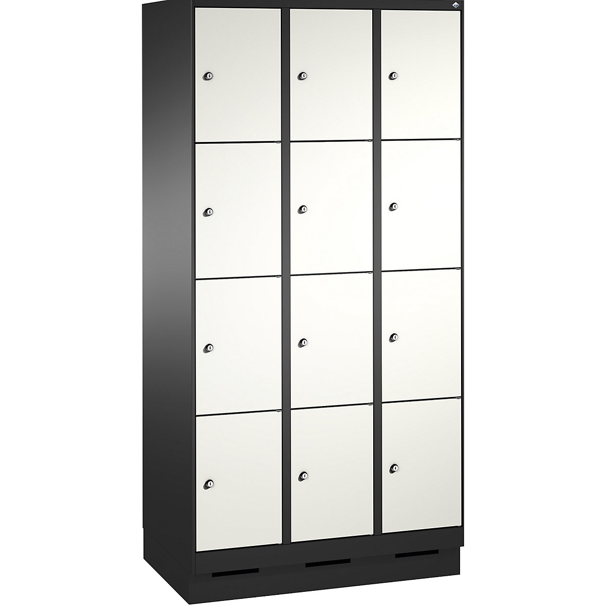 EVOLO locker unit, with plinth – C+P, 3 compartments, 4 shelf compartments each, compartment width 300 mm, black grey / traffic white-15
