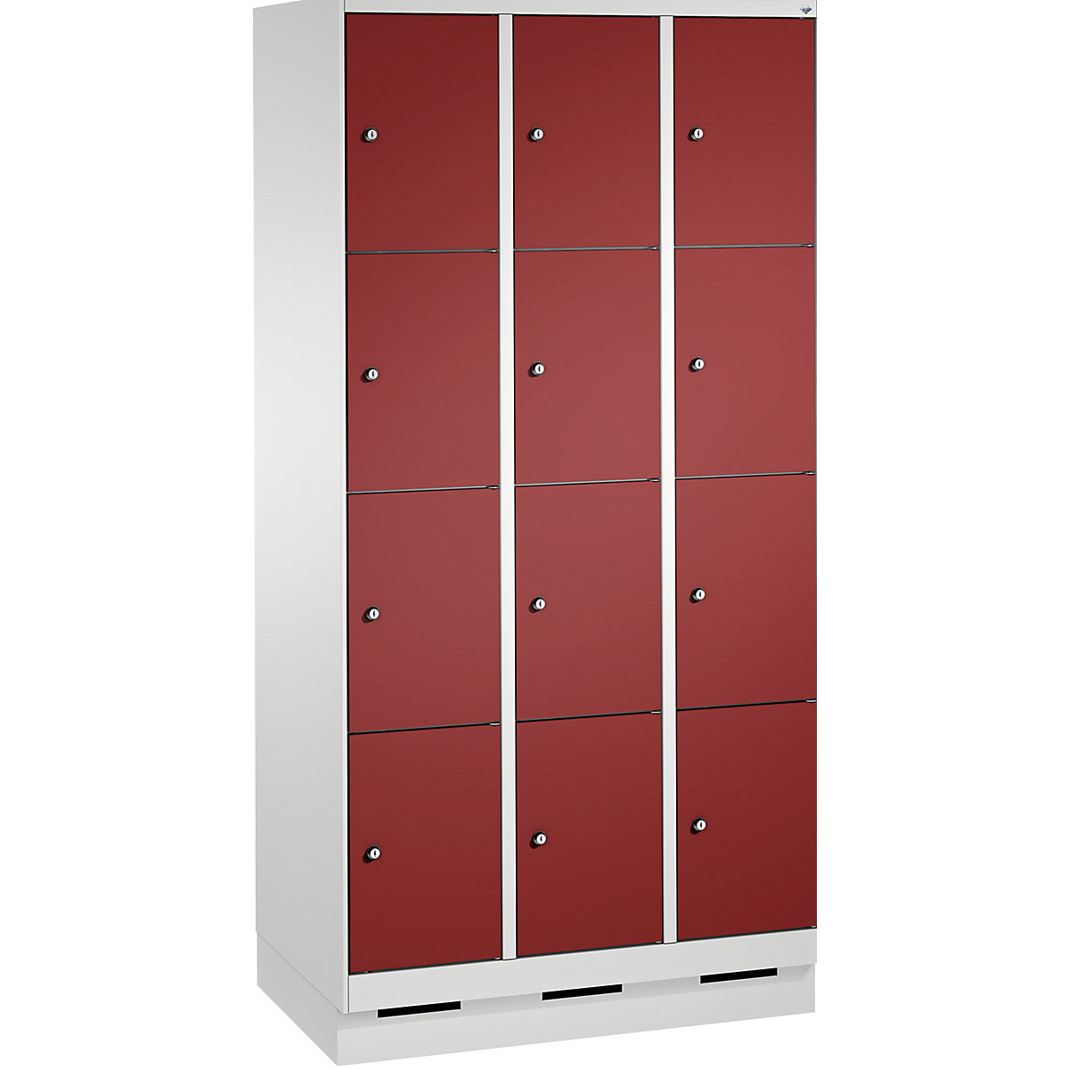 EVOLO locker unit, with plinth – C+P, 3 compartments, 4 shelf compartments each, compartment width 300 mm, light grey / ruby red-12
