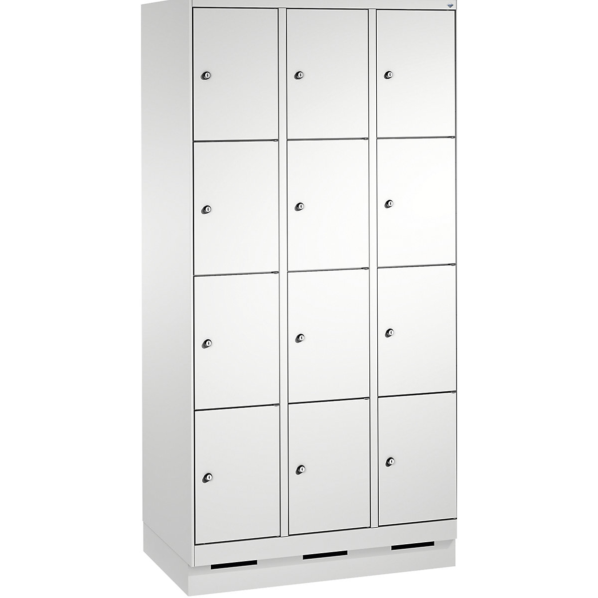EVOLO locker unit, with plinth – C+P, 3 compartments, 4 shelf compartments each, compartment width 300 mm, light grey / light grey-7
