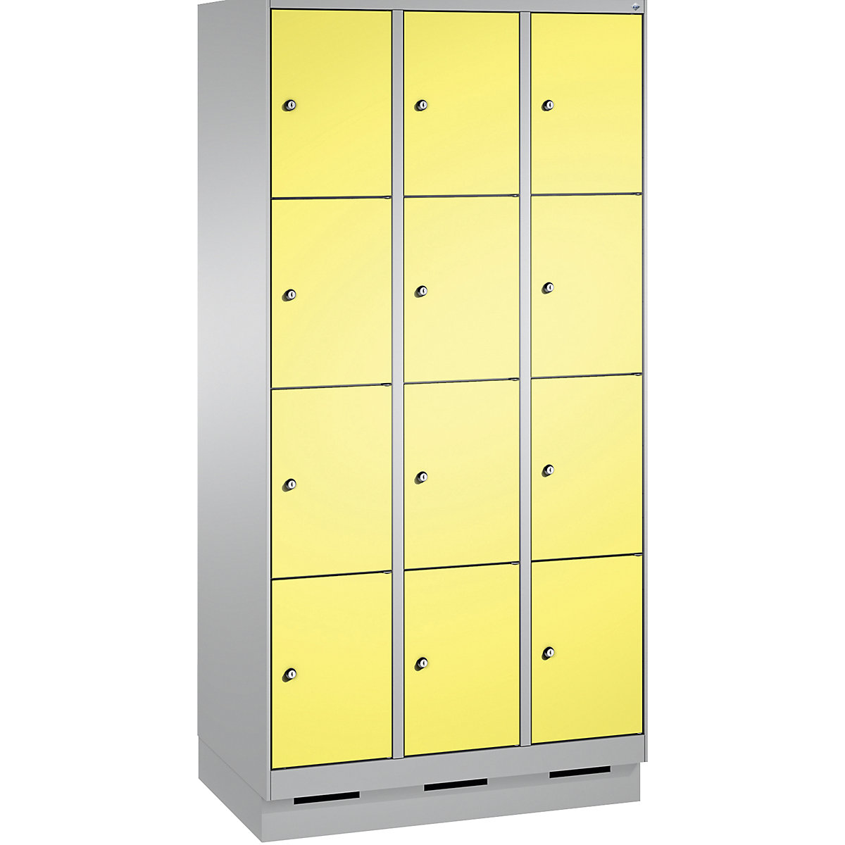 EVOLO locker unit, with plinth – C+P, 3 compartments, 4 shelf compartments each, compartment width 300 mm, white aluminium / sulphur yellow-14