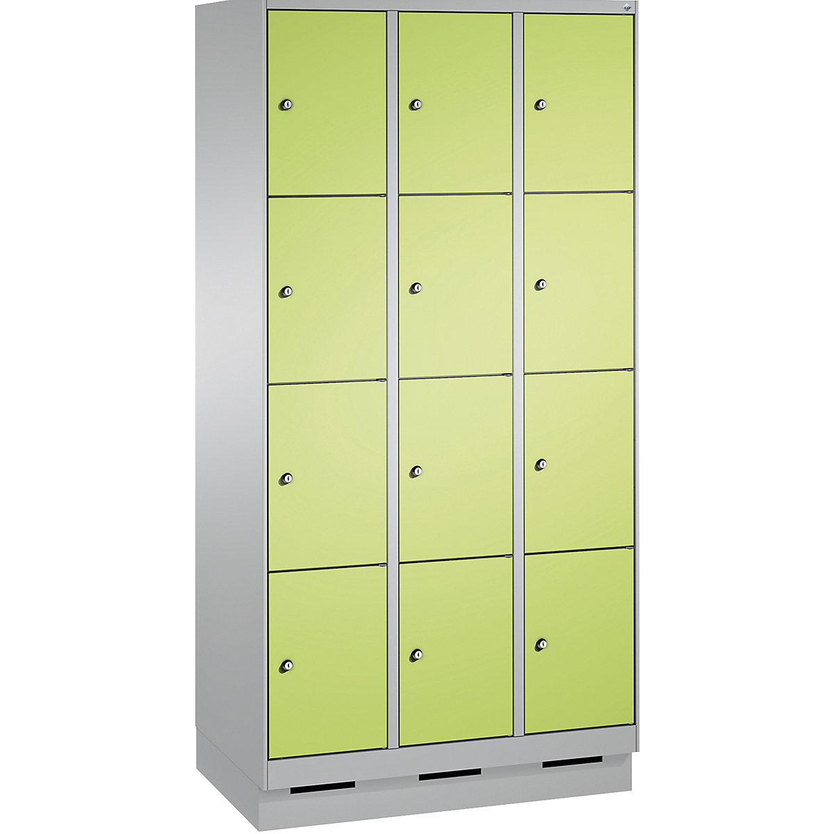 EVOLO locker unit, with plinth – C+P, 3 compartments, 4 shelf compartments each, compartment width 300 mm, white aluminium / viridian green-10