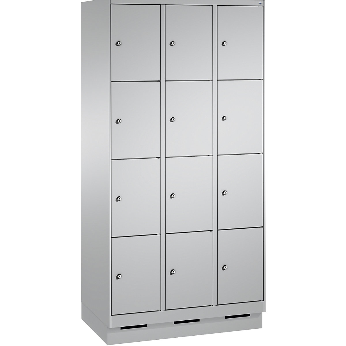 EVOLO locker unit, with plinth – C+P, 3 compartments, 4 shelf compartments each, compartment width 300 mm, white aluminium / white aluminium-2