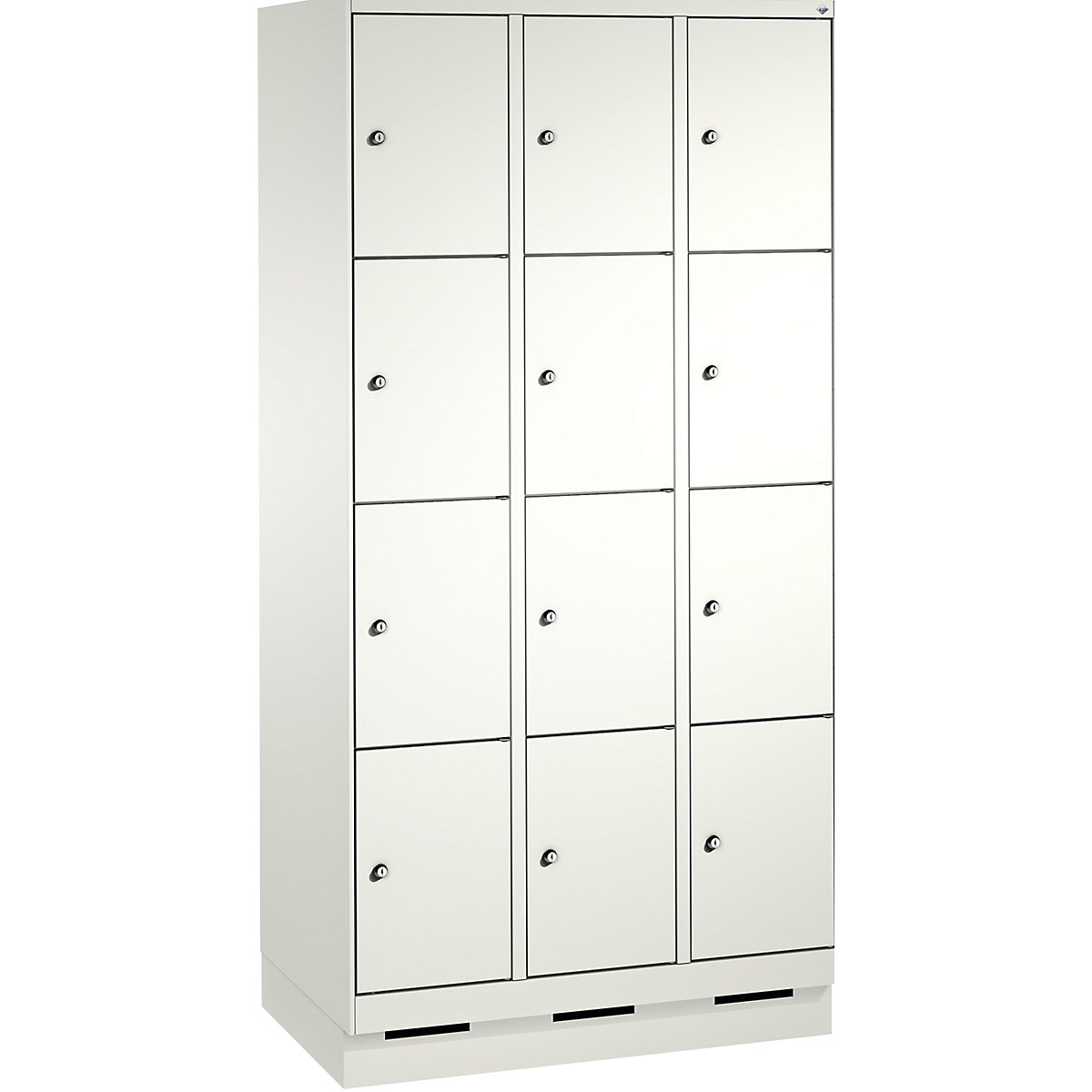 EVOLO locker unit, with plinth – C+P, 3 compartments, 4 shelf compartments each, compartment width 300 mm, traffic white / traffic white-13