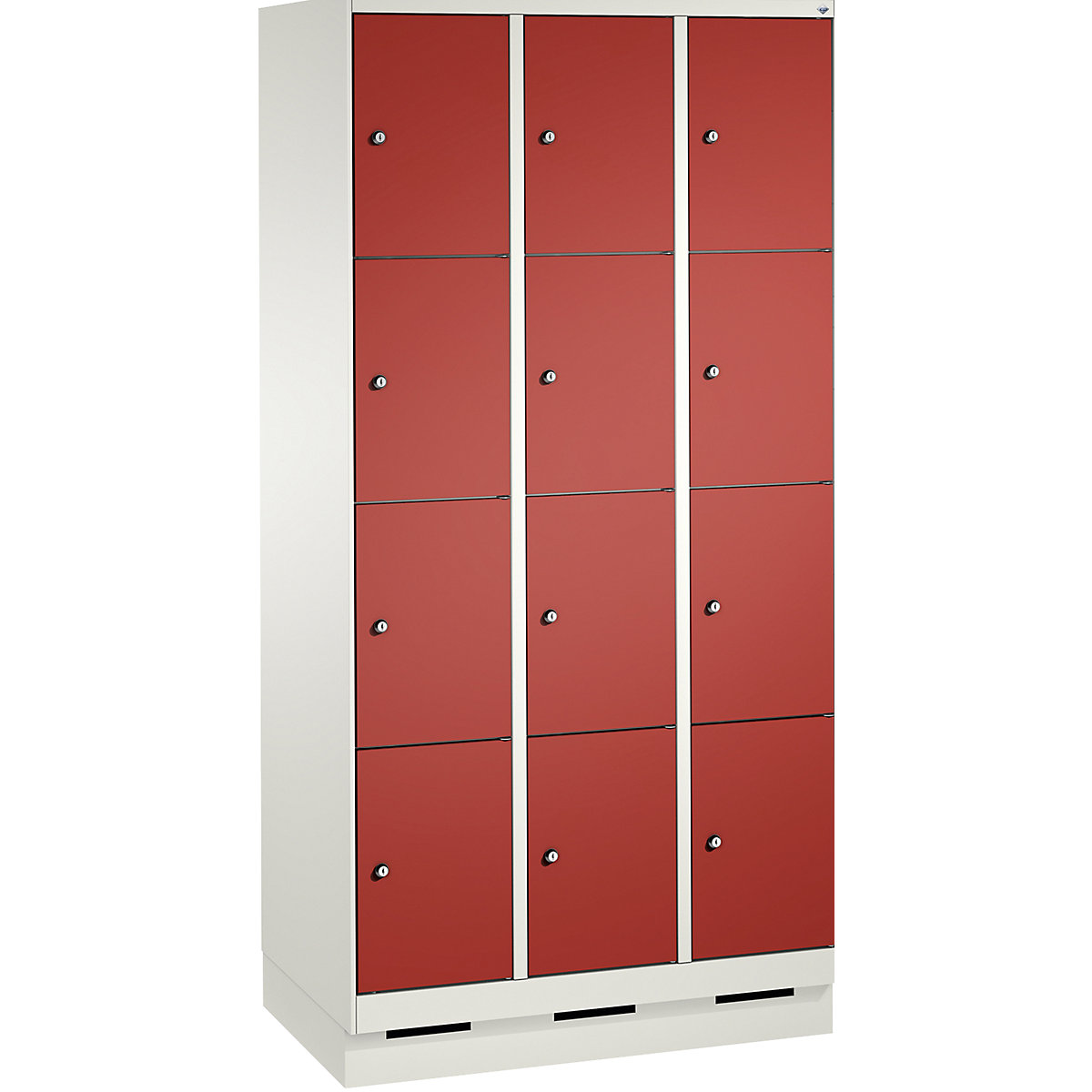 EVOLO locker unit, with plinth – C+P, 3 compartments, 4 shelf compartments each, compartment width 300 mm, traffic white / flame red-6