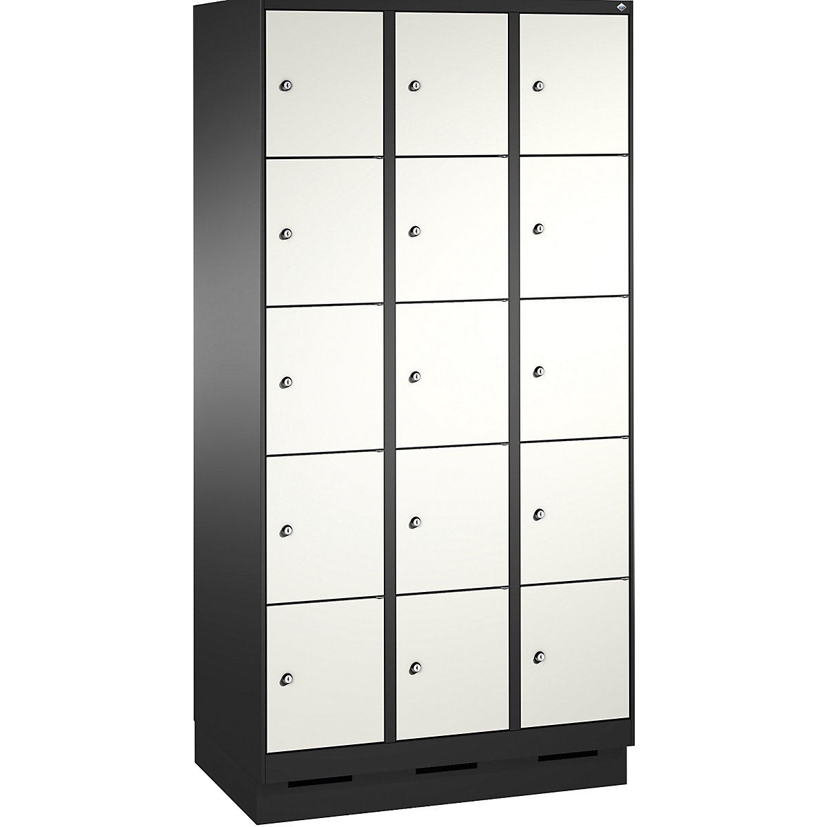 EVOLO locker unit, with plinth – C+P, 3 compartments, 5 shelf compartments each, compartment width 300 mm, black grey / traffic white