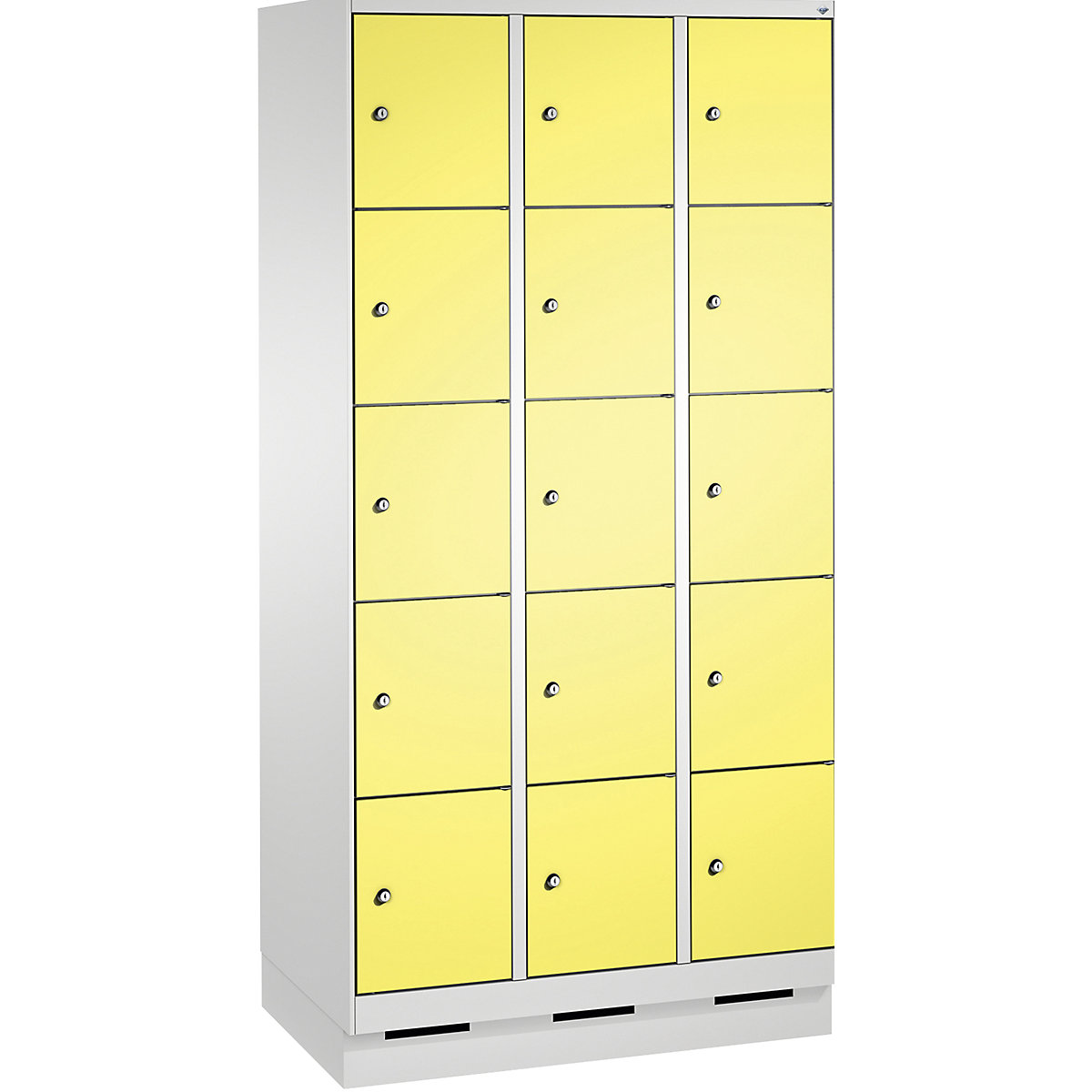 EVOLO locker unit, with plinth – C+P, 3 compartments, 5 shelf compartments each, compartment width 300 mm, light grey / sulphur yellow