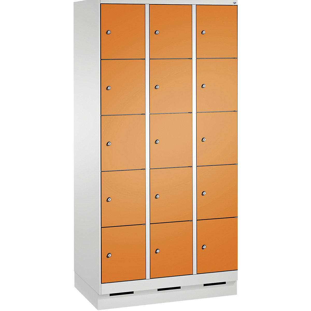 EVOLO locker unit, with plinth – C+P, 3 compartments, 5 shelf compartments each, compartment width 300 mm, light grey / yellow orange