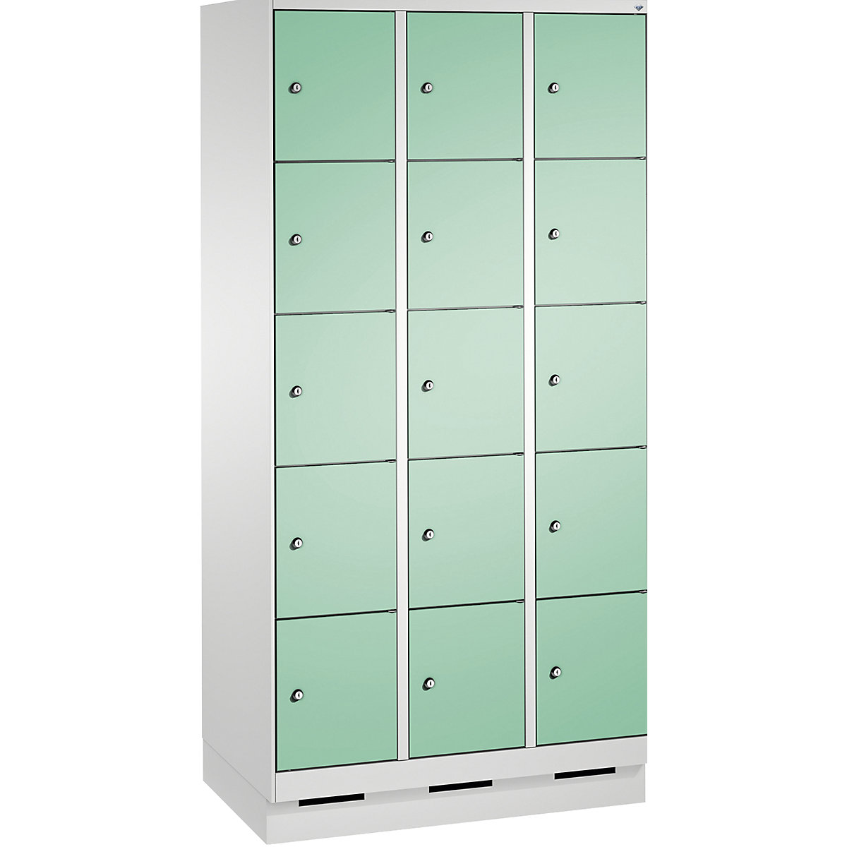 EVOLO locker unit, with plinth – C+P, 3 compartments, 5 shelf compartments each, compartment width 300 mm, light grey / light green