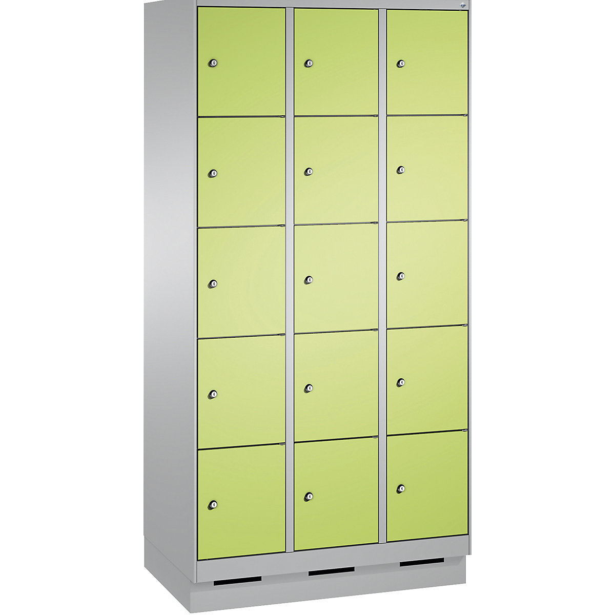 EVOLO locker unit, with plinth – C+P, 3 compartments, 5 shelf compartments each, compartment width 300 mm, white aluminium / viridian green