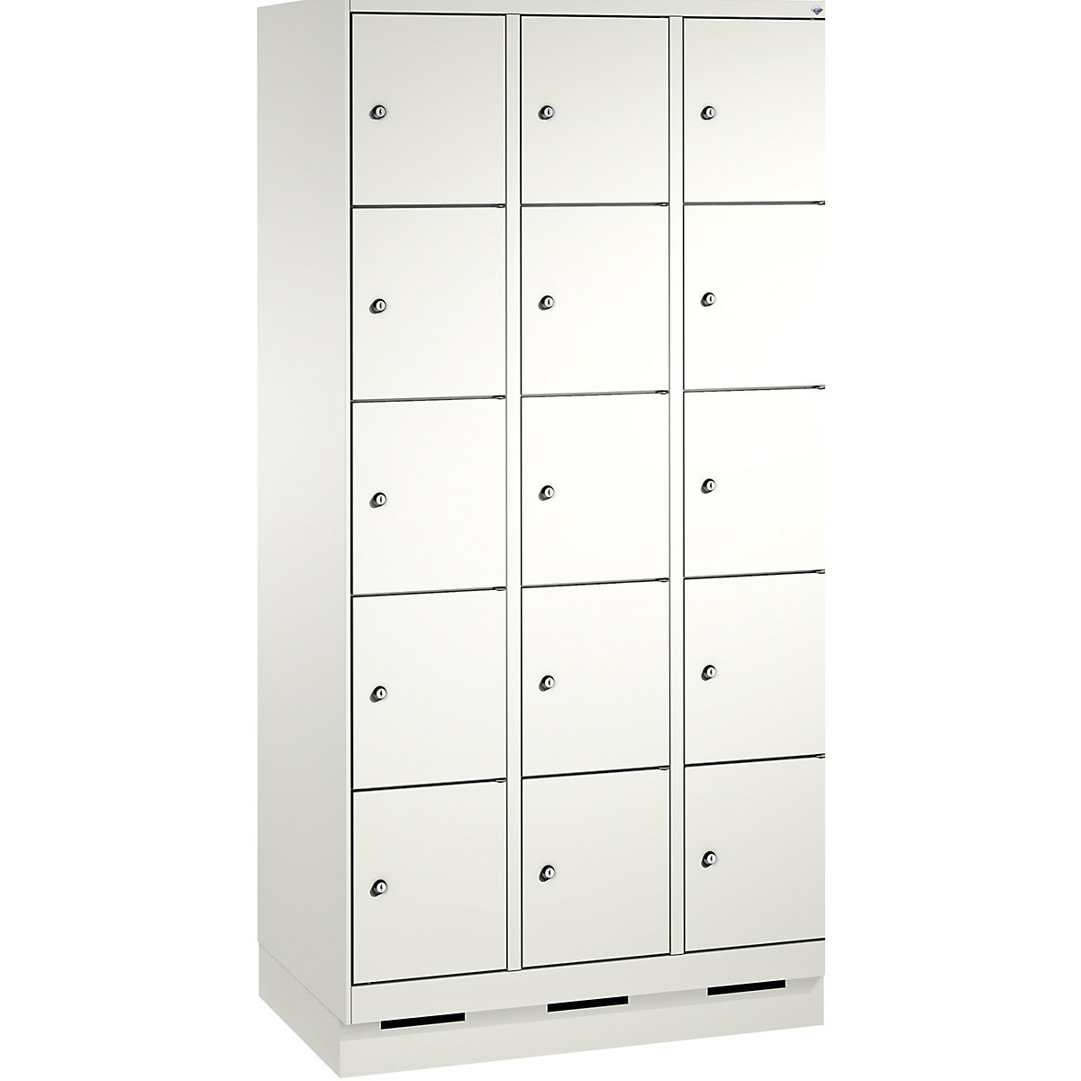 EVOLO locker unit, with plinth – C+P, 3 compartments, 5 shelf compartments each, compartment width 300 mm, traffic white / traffic white