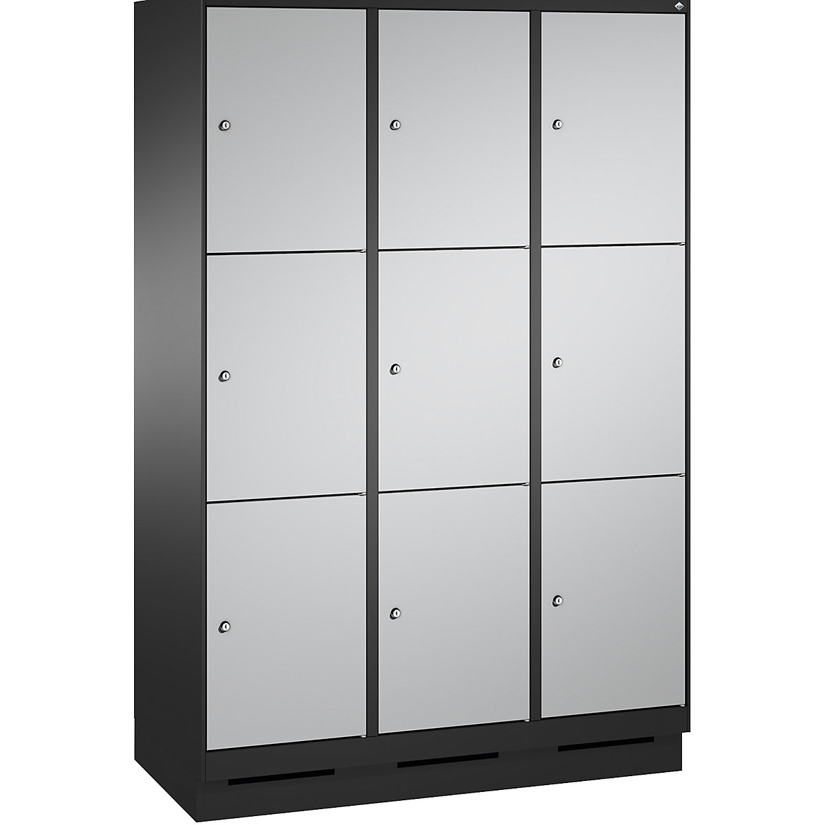 EVOLO locker unit, with plinth – C+P, 3 compartments, 3 shelf compartments each, compartment width 400 mm, black grey / white aluminium-10