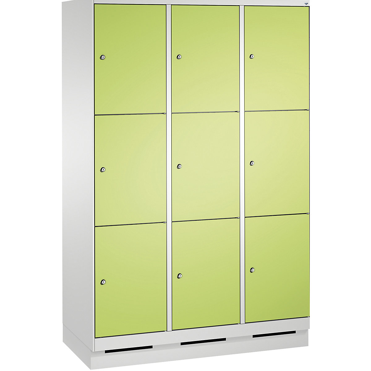 EVOLO locker unit, with plinth – C+P, 3 compartments, 3 shelf compartments each, compartment width 400 mm, light grey / viridian green-14