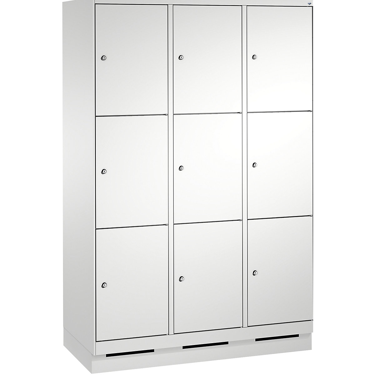 EVOLO locker unit, with plinth – C+P, 3 compartments, 3 shelf compartments each, compartment width 400 mm, light grey / light grey-9