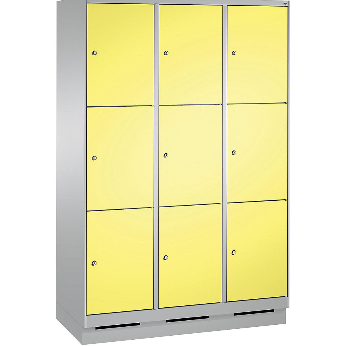 EVOLO locker unit, with plinth – C+P, 3 compartments, 3 shelf compartments each, compartment width 400 mm, white aluminium / sulphur yellow-12
