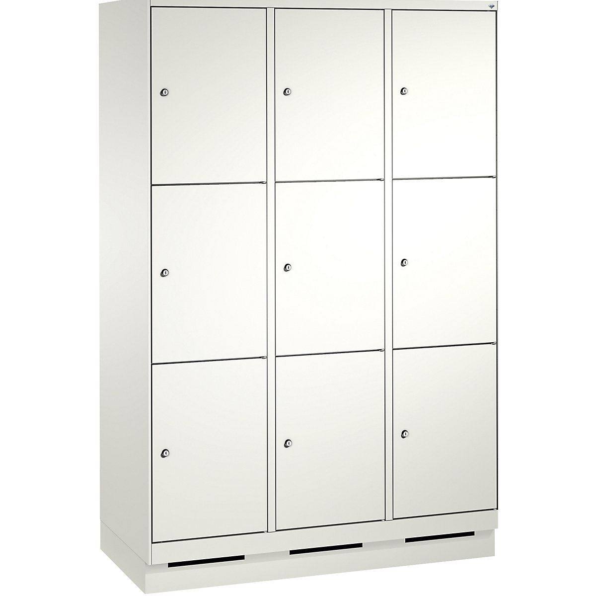 EVOLO locker unit, with plinth – C+P, 3 compartments, 3 shelf compartments each, compartment width 400 mm, traffic white / traffic white-6