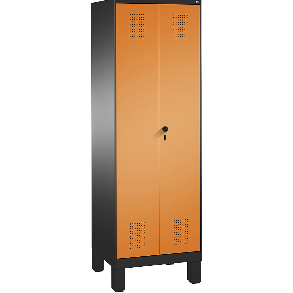 EVOLO storage cupboard, doors close in the middle, with feet – C+P, 2 compartments, 8 shelves, compartment width 300 mm, black grey / yellow orange