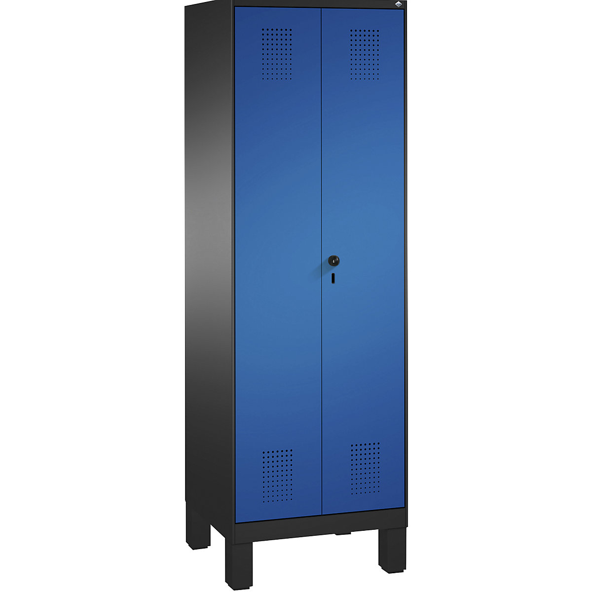 EVOLO storage cupboard, doors close in the middle, with feet – C+P, 2 compartments, 8 shelves, compartment width 300 mm, black grey / gentian blue