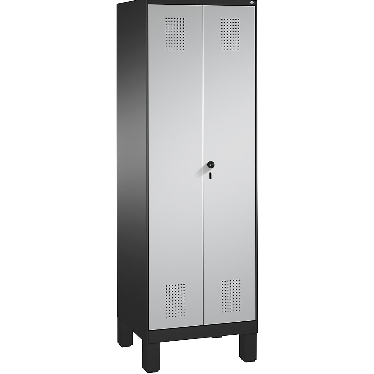 EVOLO storage cupboard, doors close in the middle, with feet – C+P, 2 compartments, 8 shelves, compartment width 300 mm, black grey / white aluminium