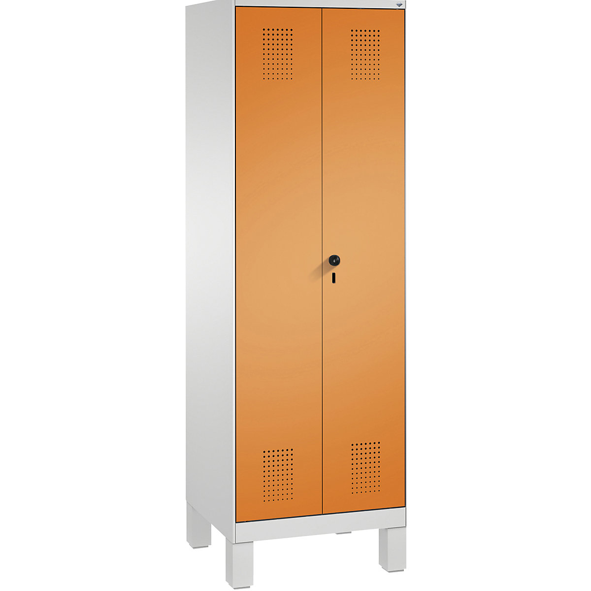 EVOLO storage cupboard, doors close in the middle, with feet – C+P, 2 compartments, 8 shelves, compartment width 300 mm, light grey / yellow orange