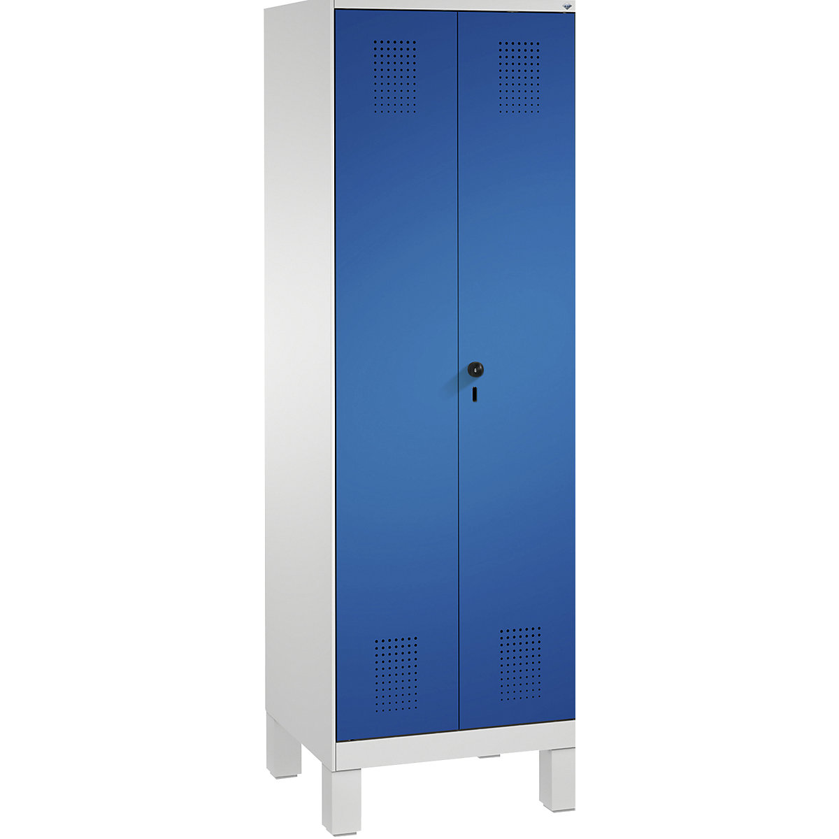 EVOLO storage cupboard, doors close in the middle, with feet – C+P, 2 compartments, 8 shelves, compartment width 300 mm, light grey / gentian blue